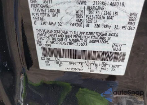 2011 Ford Escape Xlt from USA, damaged, VIN 1FMCU9DG7BKC35673